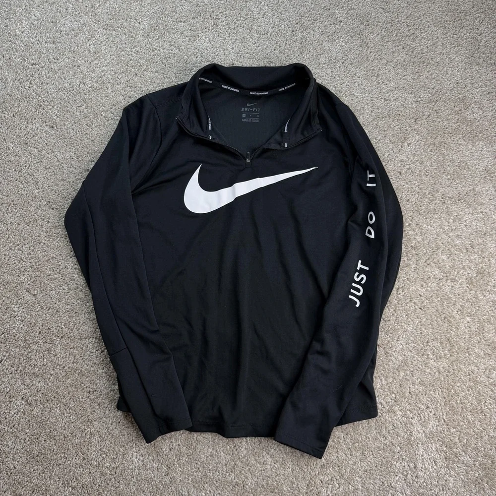Nike Dri-FIT Pullover Womens Small Black 1/4 Zip Long Sleeve Running Top Graphic